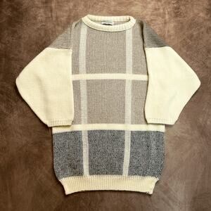 Marlene Vintage Checkered Knit Sweater Half Sleeve Cream Gray Women's Large 80s